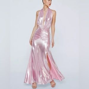 Metallic Lame Halter Neck Ruched Dress